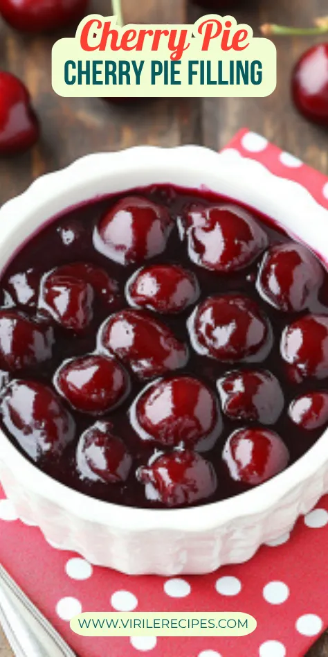 Homemade cherry pie filling in a white bowl with whole cherries on top, perfect for pies and desserts.