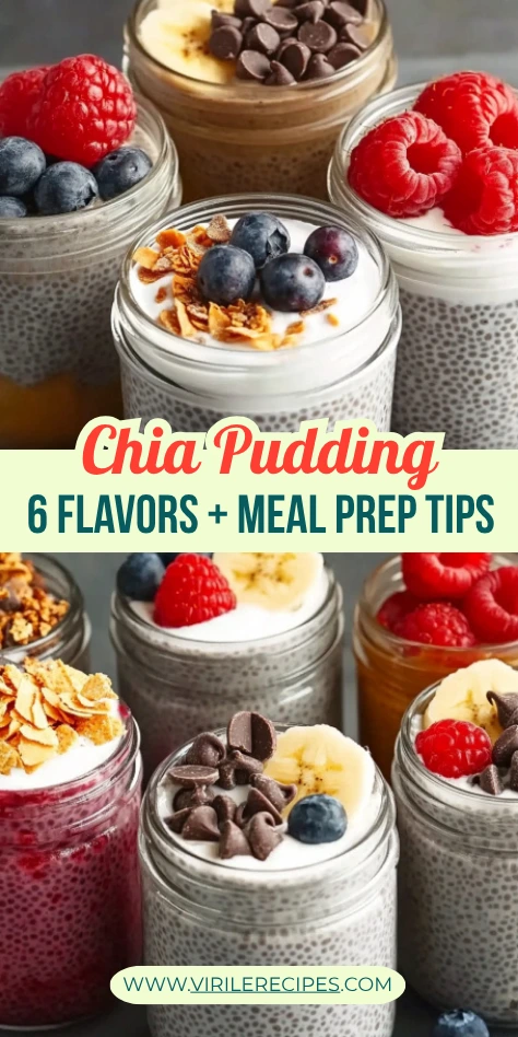 six delicious chia pudding flavor combos with toppings like granola, berries, and nuts.