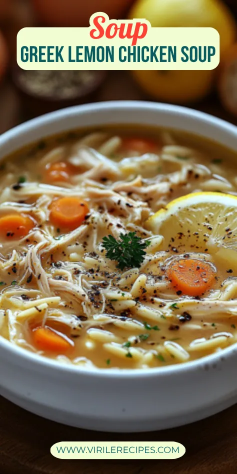 Close-up of a bowl filled with Greek lemon chicken soup with shredded chicken, orzo, lemon wedge, carrots, and parsley in a creamy golden broth