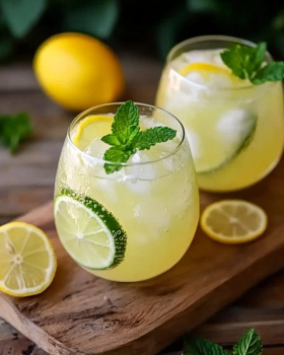 Fresh lemon-lime fizz mocktail with mint leaves, served over ice in round glasses on a wooden board.