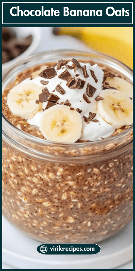 Chocolate banana overnight oats in a glass jar with a spoon, topped with chopped dark chocolate.