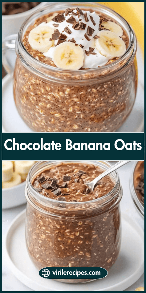 Two servings of chocolate banana oats topped with banana slices, whipped cream, and dark chocolate, in glass jars.