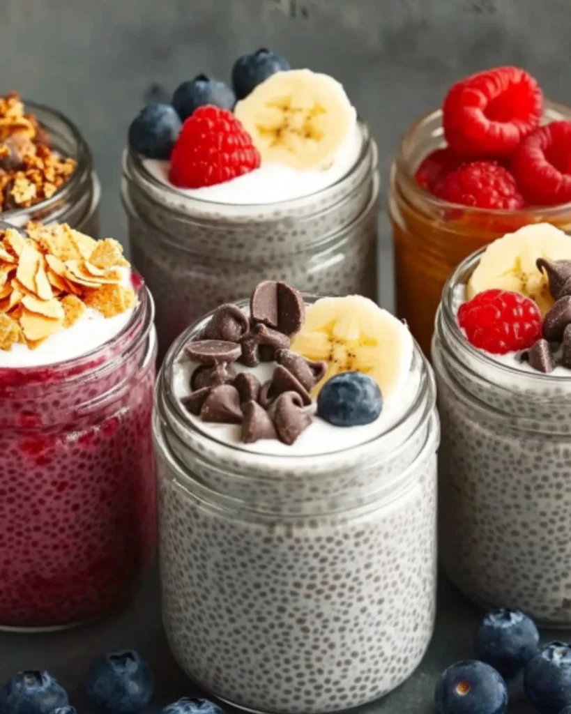 Assorted chia pudding jars topped with banana slices, raspberries, blueberries, and chocolate chips