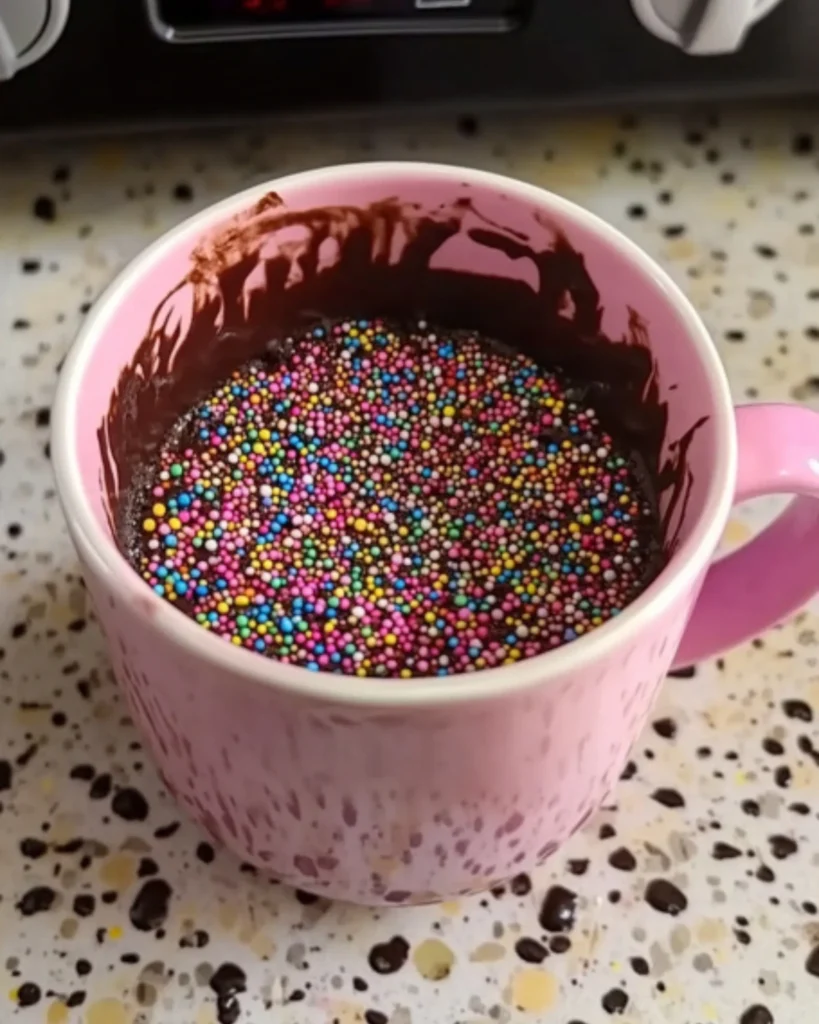 Microwave chocolate mug cake in a pink ceramic mug topped with rainbow sprinkles

