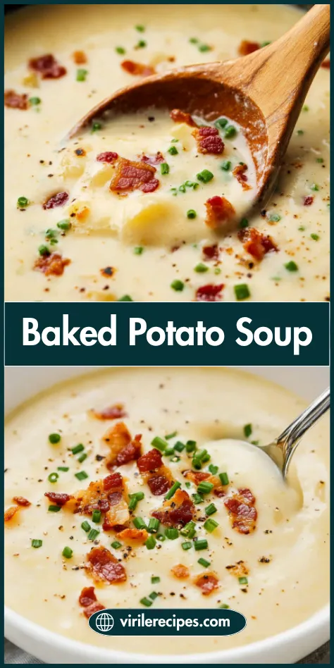 Two images of baked potato soup topped with bacon and chives, served in a bowl and being scooped with a wooden spoon