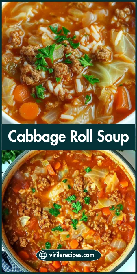 Overhead view of cabbage roll soup in a white bowl and Dutch oven, filled with beef, cabbage, rice, carrots, and tomato broth, garnished with parsley