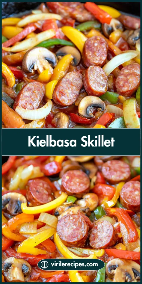 Two views of a kielbasa skillet with mushrooms, onions, and bell peppers in a tomato broth; featured on virilerecipes.com.