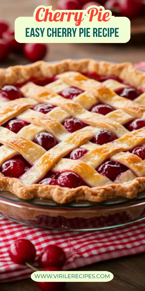Homemade cherry pie with a golden lattice crust and canned cherry filling on a red checkered napkin with fresh cherries