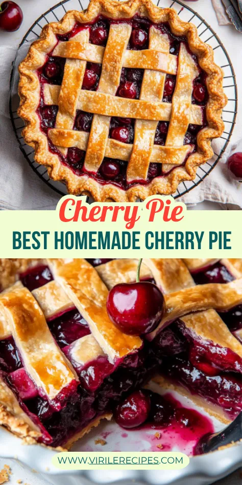 Overhead and close-up views of the Best Homemade Cherry Pie with a flaky lattice crust and juicy sweet cherry filling.