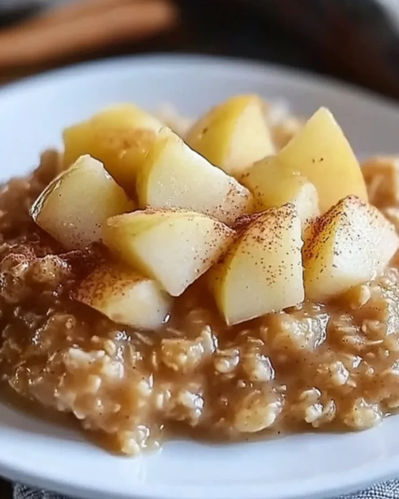Creamy baked oatmeal topped with fresh apple chunks and cinnamon