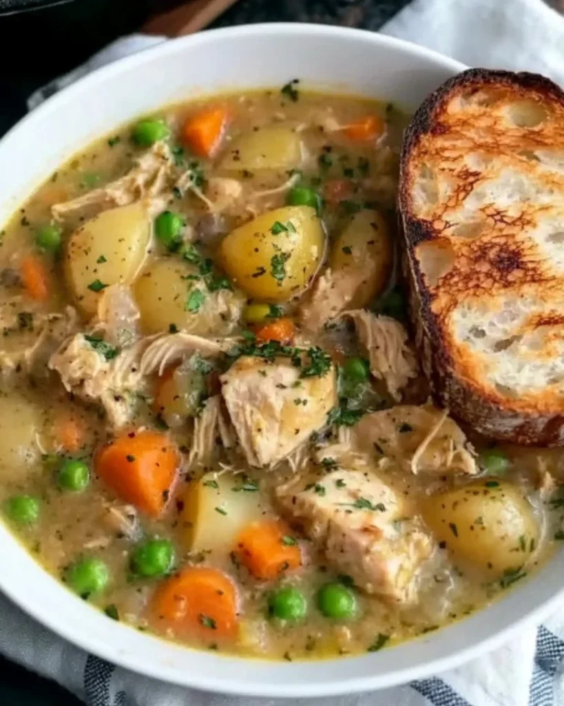 Bowl of creamy chicken stew with vegetables and crusty bread under natural light