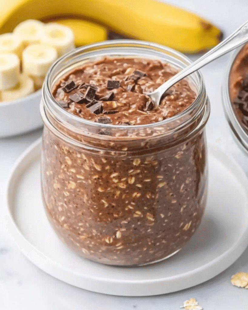 Chocolate banana overnight oats in a glass jar with a spoon, topped with chopped dark chocolate.