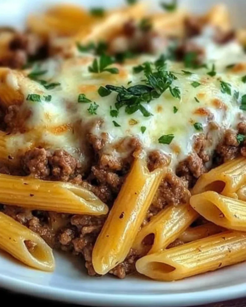 Close-up of creamy garlic butter penne pasta with seasoned ground beef and melted cheese, topped with parsley on a white plate.