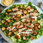 Overhead shot of a grilled chicken Caesar salad with homemade croutons and Parmesan on a white platter