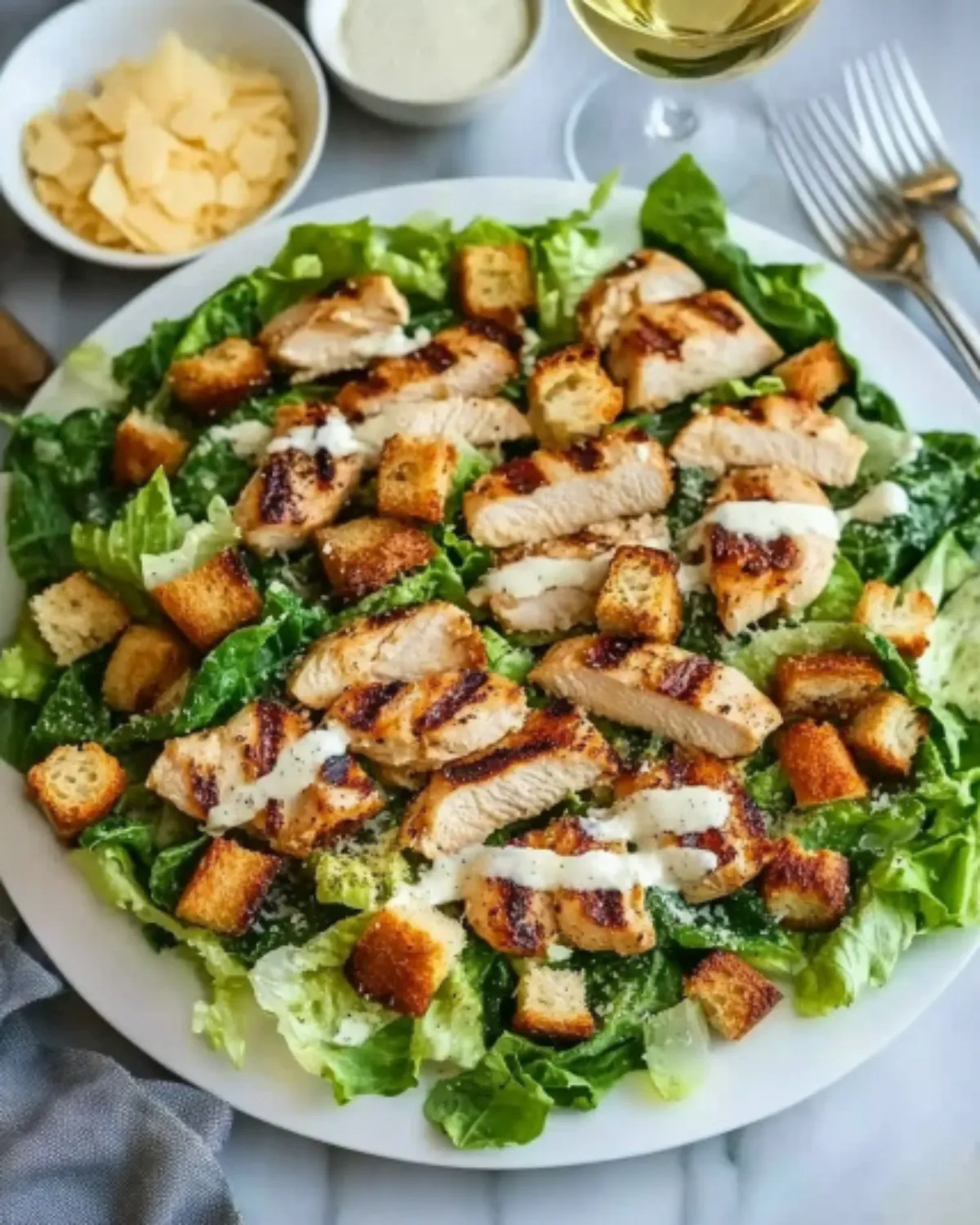 Overhead shot of a grilled chicken Caesar salad with homemade croutons and Parmesan on a white platter