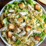 Top-down view of Chicken Caesar Pasta Salad with rotini, romaine lettuce, croutons, Parmesan, and creamy dressing in a white bowl.
