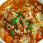 Hearty cabbage roll soup with beef, rice, cabbage, and tomato broth in a white bowl topped with parsley
