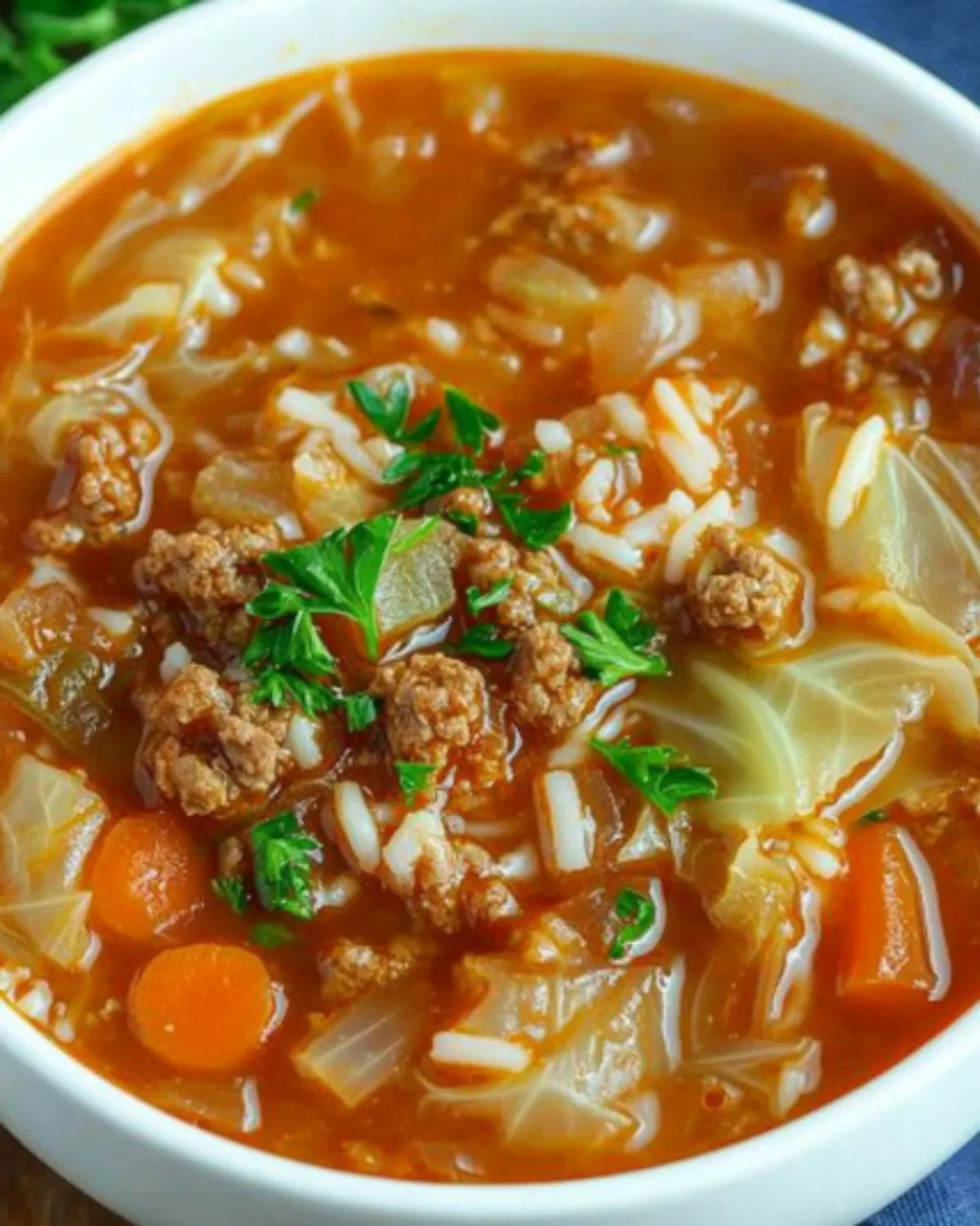 Hearty cabbage roll soup with beef, rice, cabbage, and tomato broth in a white bowl topped with parsley
