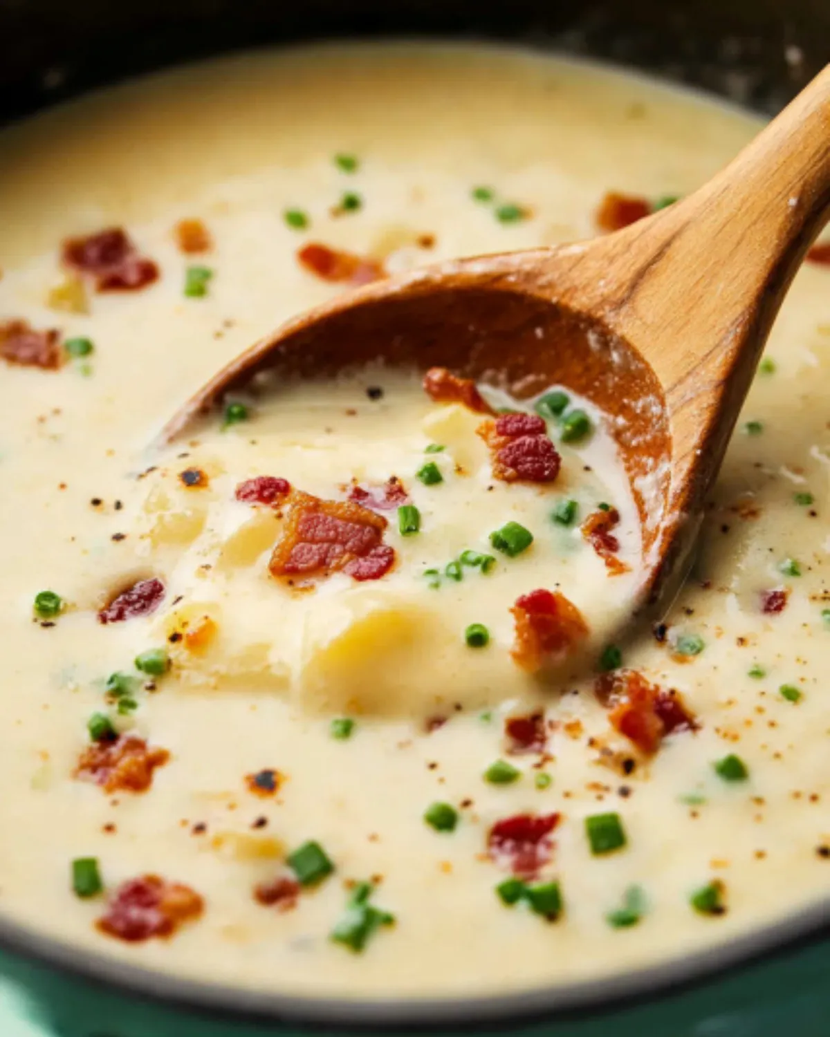 Creamy baked potato soup with bacon and chives in a pot, scooped with a wooden spoon