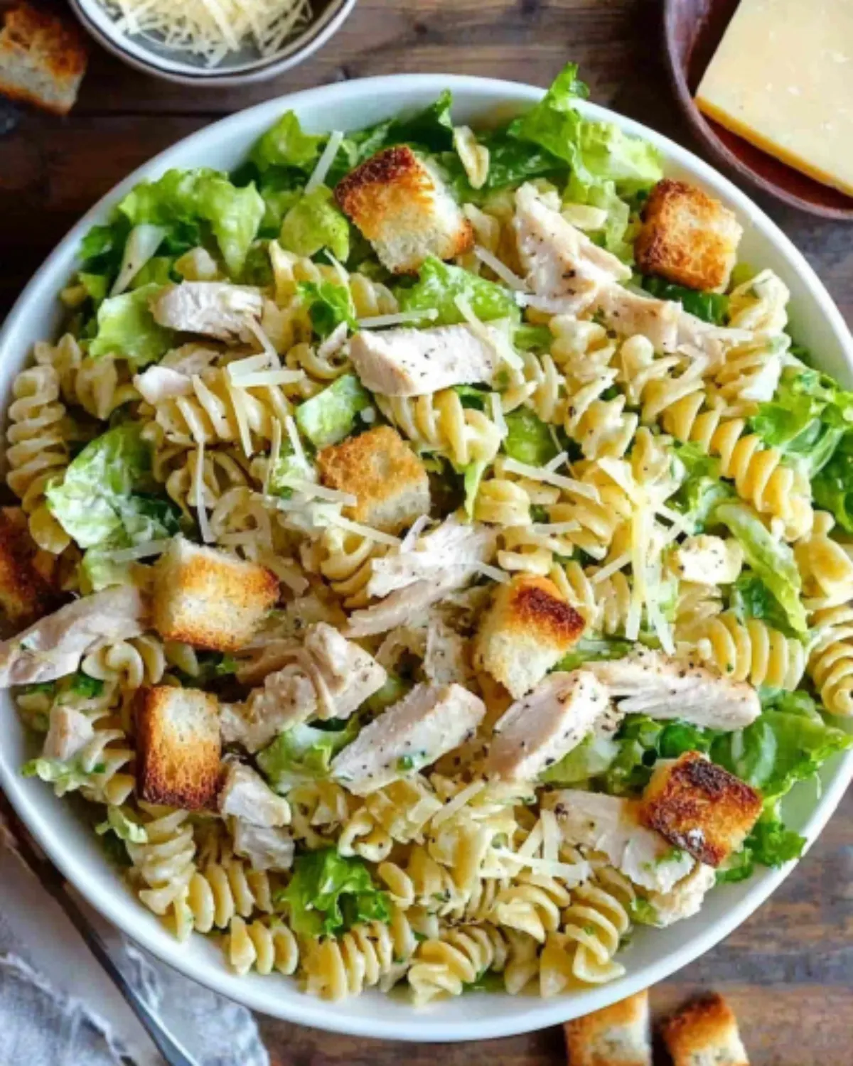 Top-down view of Chicken Caesar Pasta Salad with rotini, romaine lettuce, croutons, Parmesan, and creamy dressing in a white bowl.