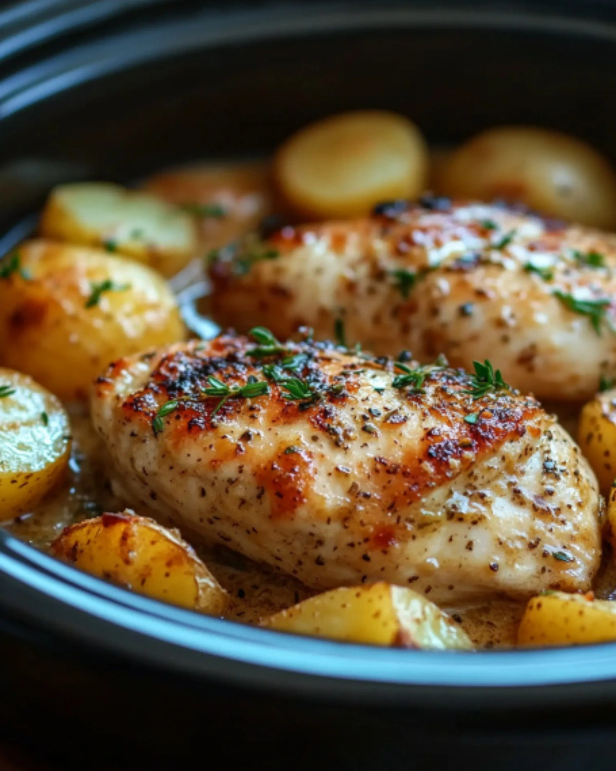 Slow cooked garlic parmesan chicken breasts with baby potatoes in a crockpot, topped with herbs and crispy browned edges.