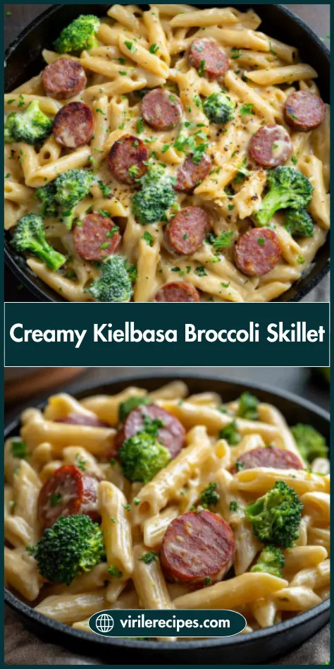 Creamy kielbasa broccoli skillet with cheesy penne pasta and seared sausage slices, styled for Pinterest sharing.