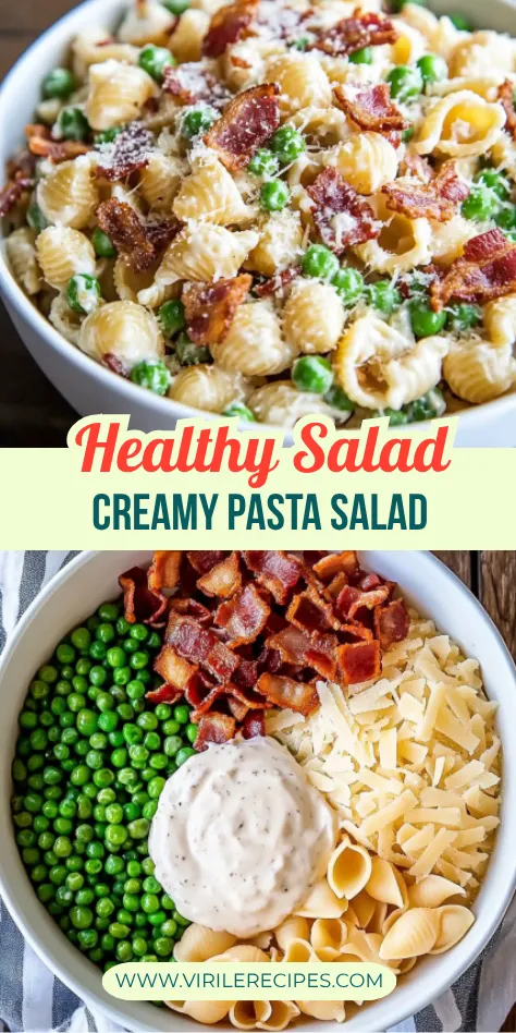 Side-by-side images of creamy pasta salad with peas, bacon, and parmesan, and individual salad ingredients in a white bowl