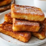 Close-up of crispy cinnamon sugar French toast sticks with powdered sugar