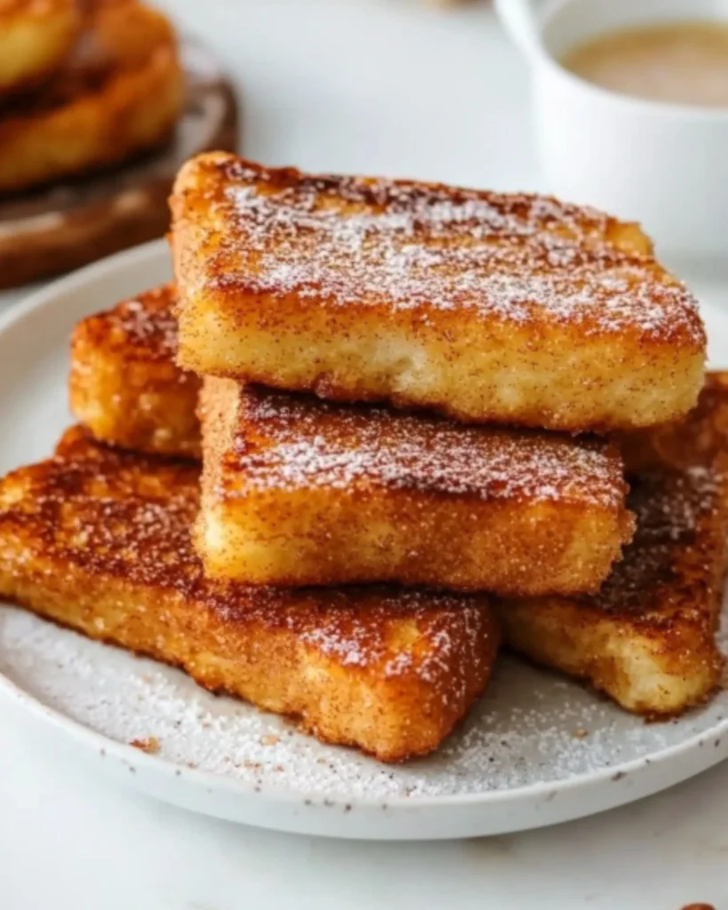 Close-up of crispy cinnamon sugar French toast sticks with powdered sugar