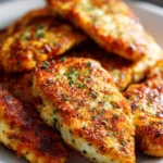 Golden Parmesan crusted chicken breast, garnished with fresh herbs, served hot on a white plate