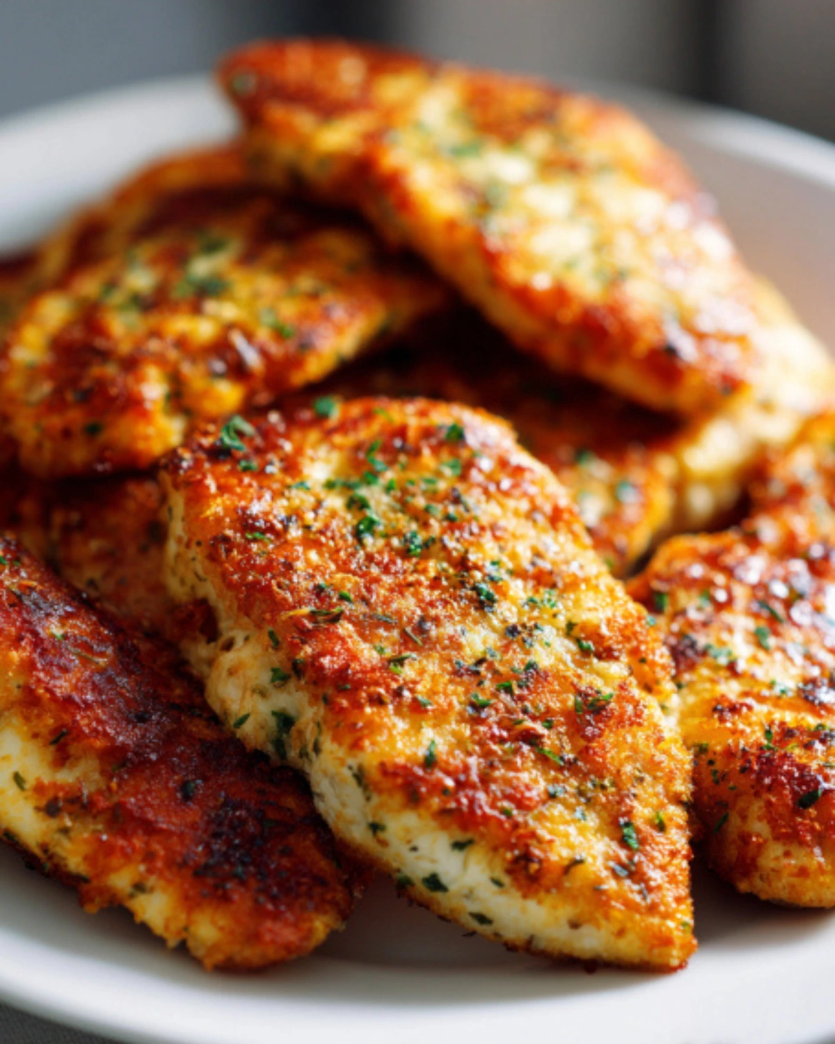 Golden Parmesan crusted chicken breast, garnished with fresh herbs, served hot on a white plate