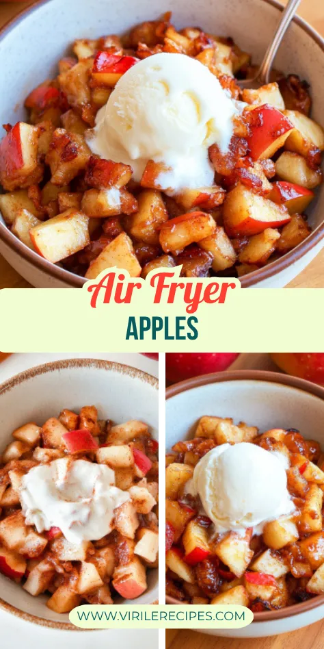 Collage of air fryer baked apples with toppings like ice cream and dairy-free cream, served in rustic bowls