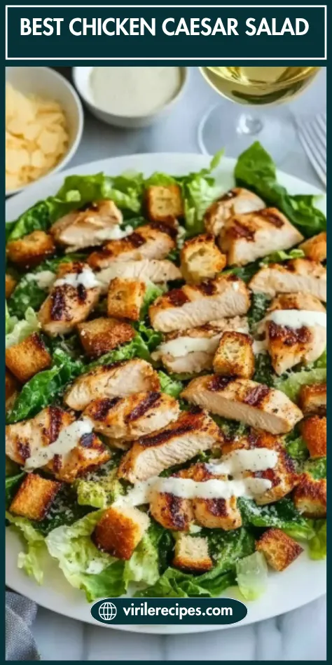 Top-down view of grilled chicken Caesar salad served on a white plate with homemade croutons, Parmesan, and Caesar dressing, ready to eat.