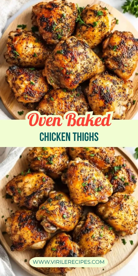 Infographic with crispy oven baked chicken thighs on round board