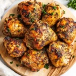 Herb-seasoned oven baked chicken thighs served on a wooden platter with parsley garnish