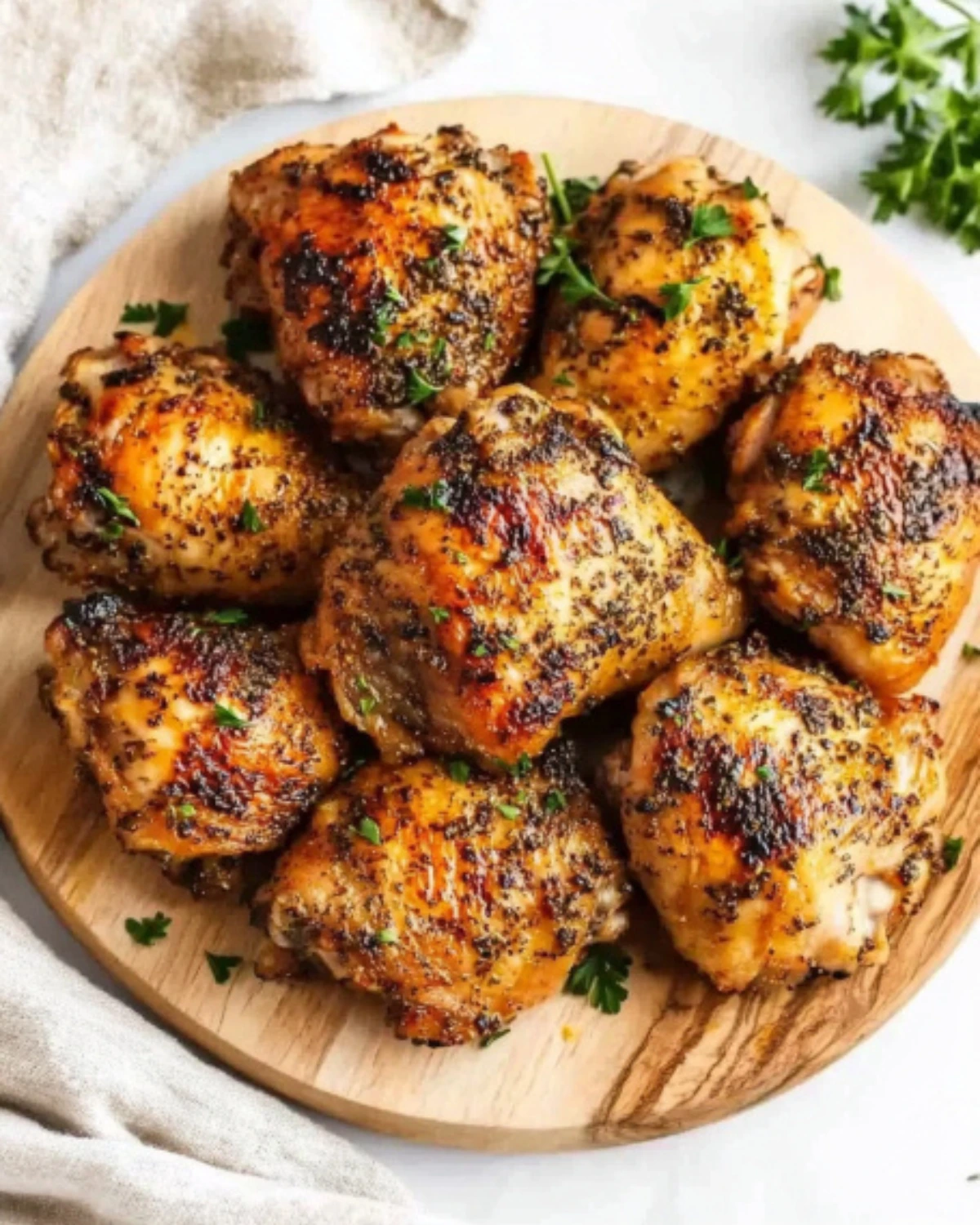 Herb-seasoned oven baked chicken thighs served on a wooden platter with parsley garnish