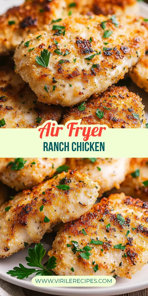 Close-up of crispy ranch-seasoned chicken fillets cooked in an air fryer, garnished with parsley on a white plate