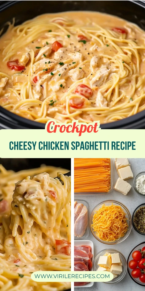 Collage showing CrockPot chicken spaghetti, plated pasta on a fork, and all ingredients in glass bowls with recipe title.