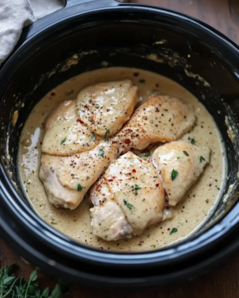 Raw seasoned chicken drumsticks in a black crockpot with rosemary