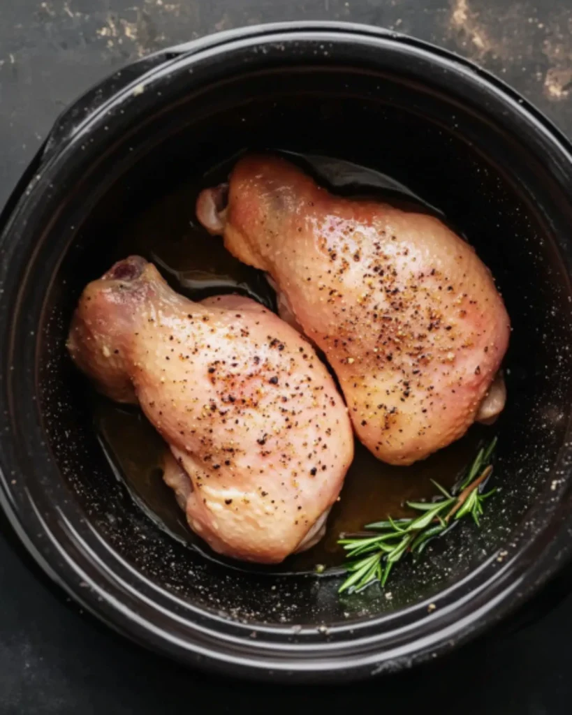 Slow cooked chicken breasts in creamy garlic parmesan sauce in a black crockpot