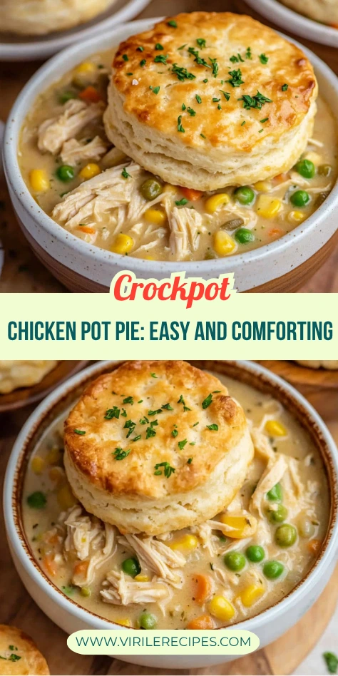 Crockpot chicken pot pie with creamy vegetable filling and flaky biscuit topping in two images