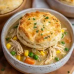 Slow cooker chicken pot pie in two bowls with golden flaky biscuits and colorful veggies