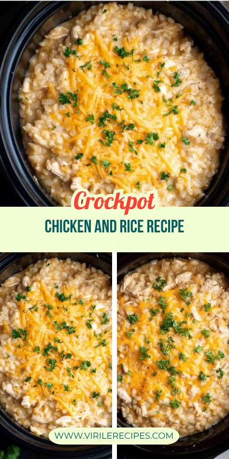 Collage of crockpot chicken and rice in slow cooker with shredded cheese and parsley