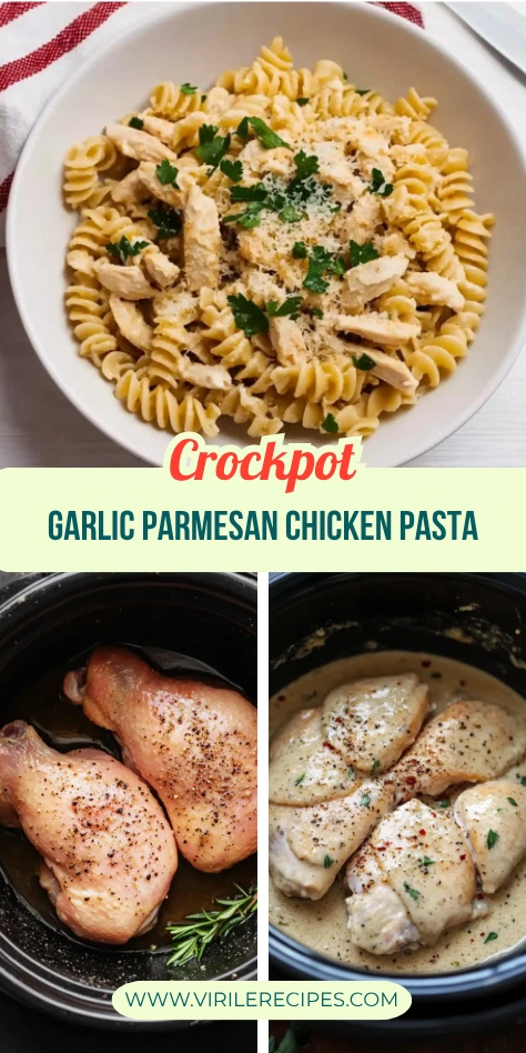 Crockpot garlic parmesan chicken pasta process and final dish Pinterest image