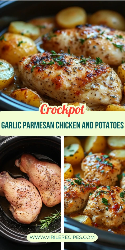 Juicy garlic parmesan chicken and golden potatoes in creamy sauce inside a crockpot, garnished with herbs.