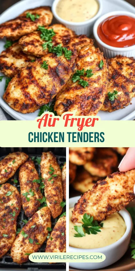 A plate of crispy Air Fryer Chicken Tenders, garnished with parsley and served with ketchup and creamy dipping sauce, ready to dip.