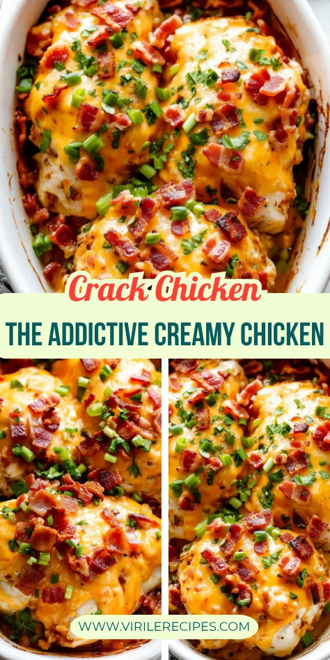 Split image of baked crack chicken covered in cheddar cheese, crispy bacon, and chopped green onions