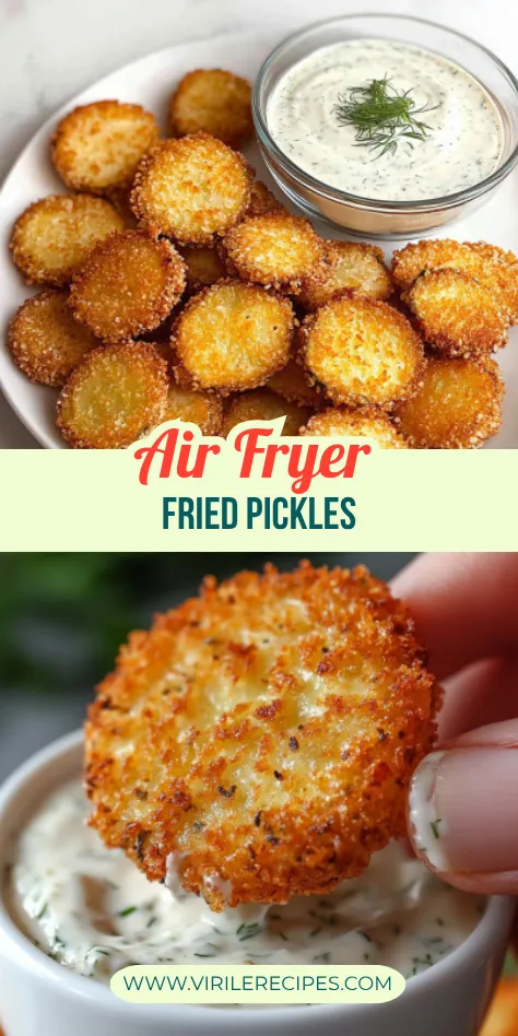 Close-up of crispy fried pickle dipped in creamy dill sauce, with a plate of air-fried pickles in the background