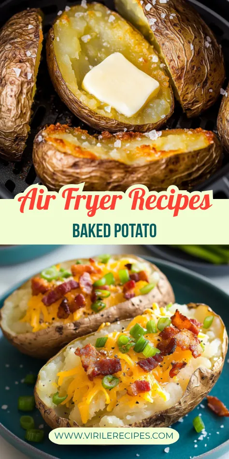 Crispy baked potatoes in air fryer topped with pink salt, butter, cheddar cheese, bacon, and green onions