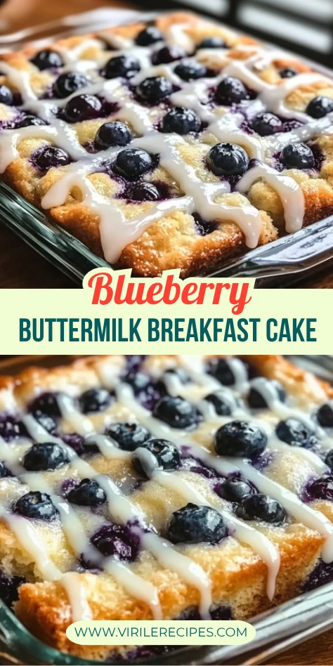 Blueberry breakfast cake with glaze in baking dish, text overlay reads Blueberry Buttermilk Breakfast Cake